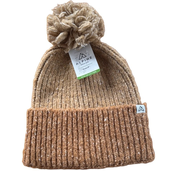 NWT Alpine womens textured cable knit soft lt brown beanie with puff one size - Picture 1 of 5